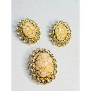 Vintage Faux pearl & Coral Clip-On Earrings & Brooch Set